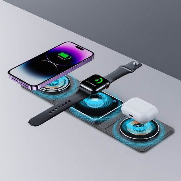 Transparent 3 in 1 Magnetic Folding Wireless Charger Station – Fast Charging for iPhone, iWatch & AirPods