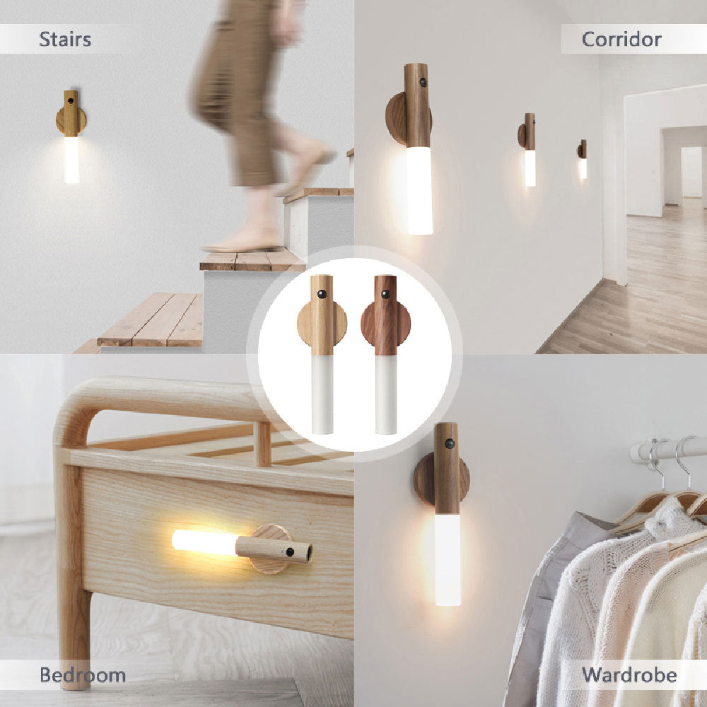 PIR Motion Sensor Auto LED USB Magnetic Wood Wireless Night Light – Wall & Cabinet Lamp for Porch, Corridors