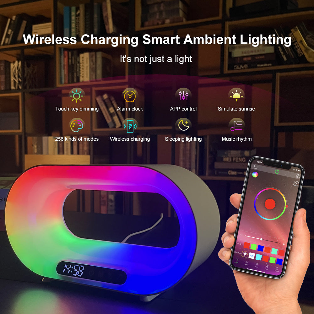 Smart Multi-Function 3 in 1 LED Night Light – RGB Desk Lamp, Wireless Charger & Alarm Clock with APP Control