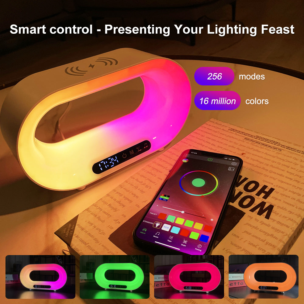 Smart Multi-Function 3 in 1 LED Night Light – RGB Desk Lamp, Wireless Charger & Alarm Clock with APP Control
