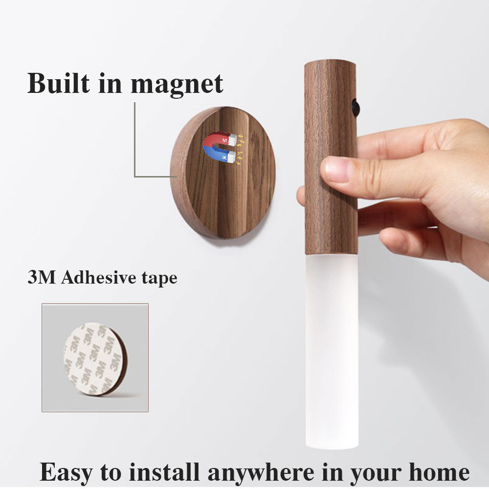 PIR Motion Sensor Auto LED USB Magnetic Wood Wireless Night Light – Wall & Cabinet Lamp for Porch, Corridors